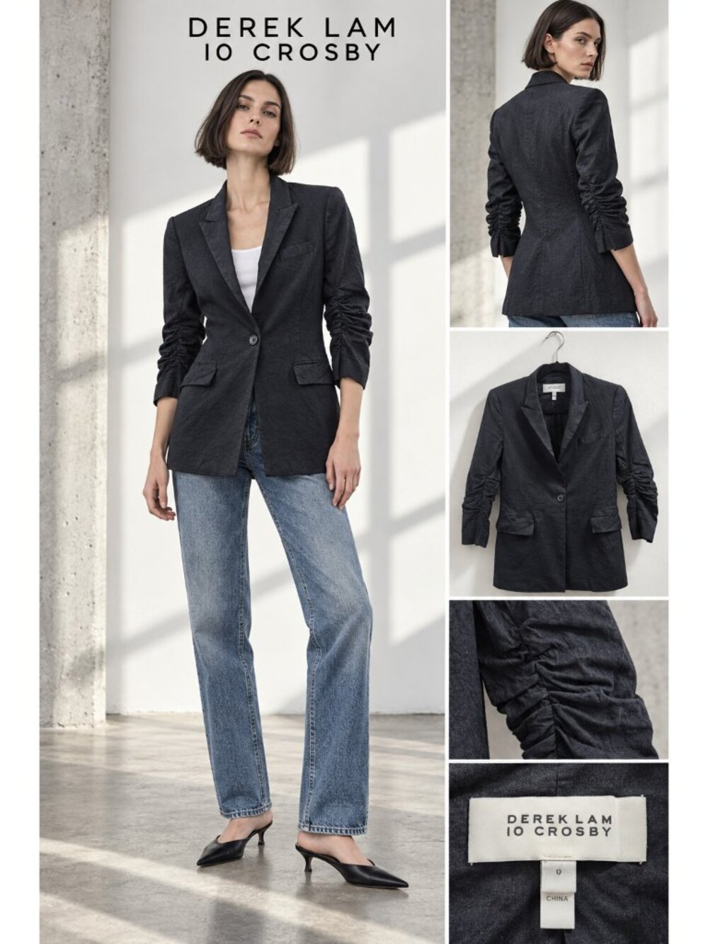 Derek Lam 10 Crosby Black Linen Ruched Sleeve Long Blazer Size 0